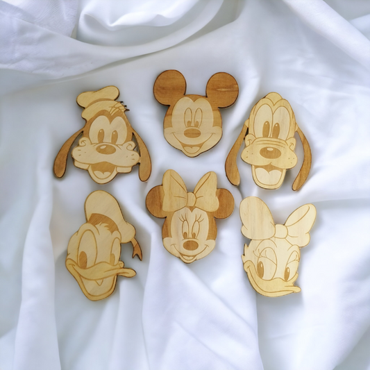 Set of 6 Disney Wooden Coasters - Handmade Gift - Housewarming - Wood Kitchenware - Mickey - Minnie